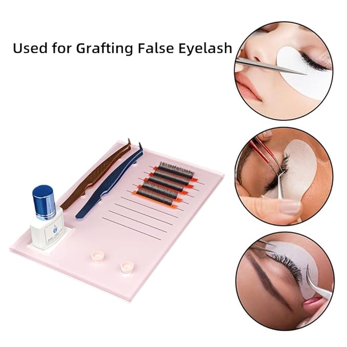 Grafting False Eyelash Acrylic Extension Pallet, Eyelash Extension Glue Tweezers Plate Pad Makeup Palette Individual Training Tools (Pink (7.87x5.12in))