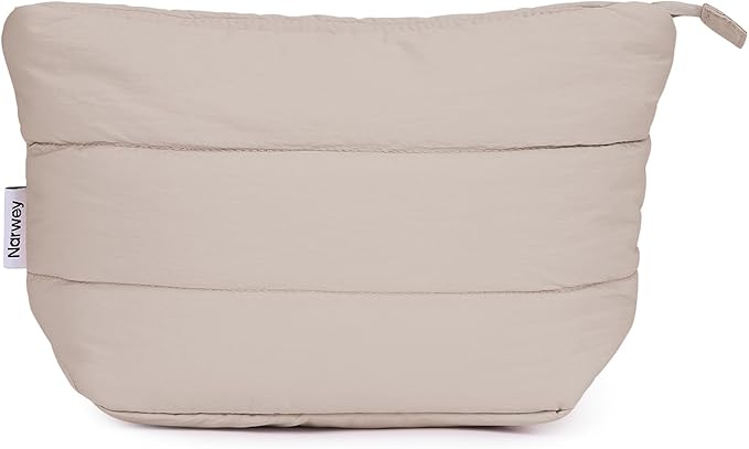 Narwey Travel Makeup Bag for Women Girl, Puffer Makeup Up Organizer Bag Cosmetic Bag, Puffy Cute Makeup Pouch Purse, Travel Toiletry Bag (Khaki)