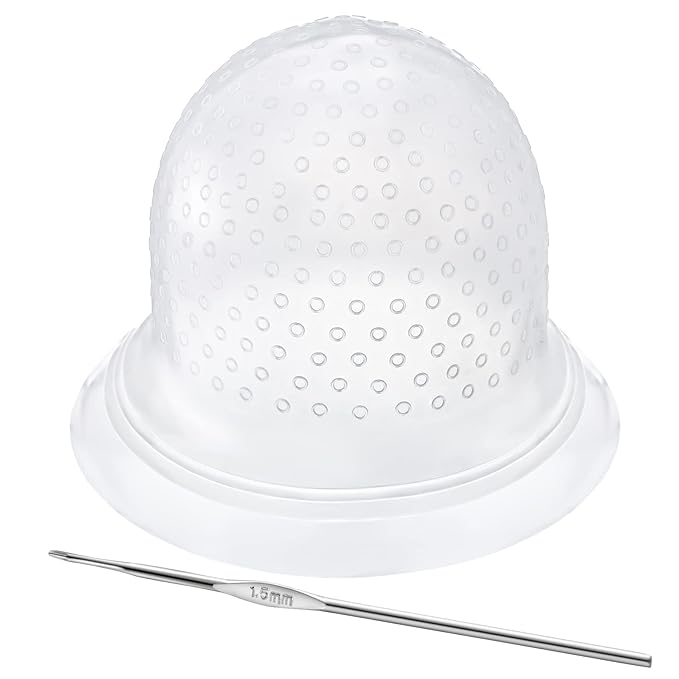FRIUSATE Hair Coloring Highlighting Cap, 2 Pieces Silicone Highlight Cap Pull Through Caps Hair Coloring Frosting Cap with Hook, Hair Highlighting Kit Gloves and Brush for Salon Tools Women Men