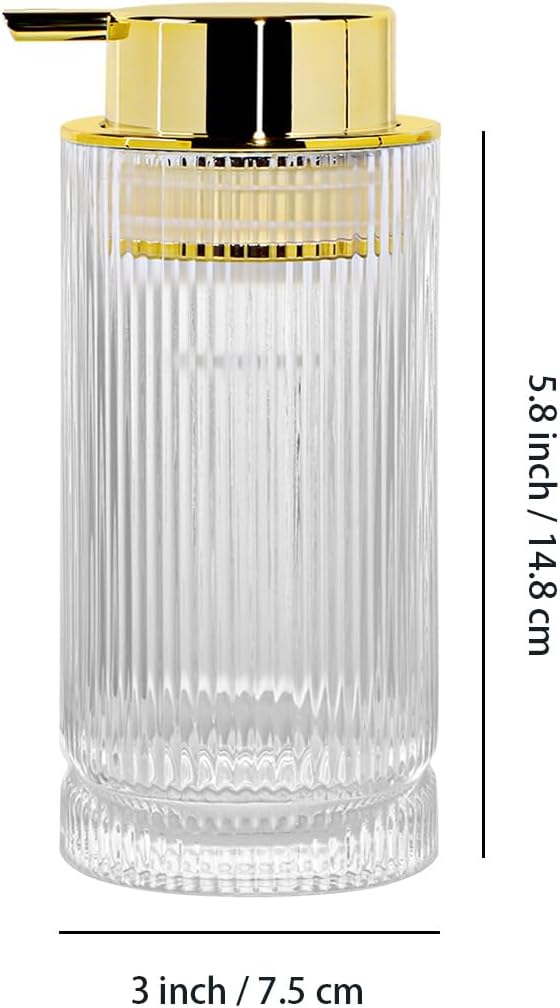 14 Oz Foaming Soap Dispenser, Clear Glass Soap Dispenser, Refillable Foam Pump Bottle Lotion Container with Gold Pump, Decorative Slim Ribbed Bottle for Bathroom and Kitchen Decor
