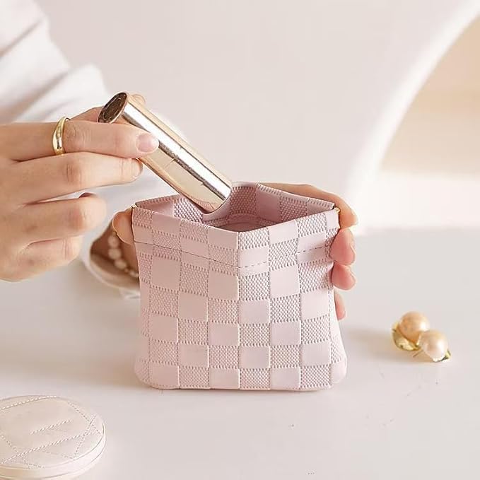Mini Travel Makeup Bag,Portable Popper Organizer, Checkered Storage Bag, Ladies Lipstick Pouch, Large Capacity Wallet, Jewelry Small Objects Storage Organizer
