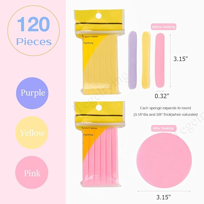 Facial Sponge Compressed,120 Count PVA Professional Makeup Removal Round Face Wash Sponges Spa Pads Exfoliating Cleansing for Women,Yellow,Pink,Purple