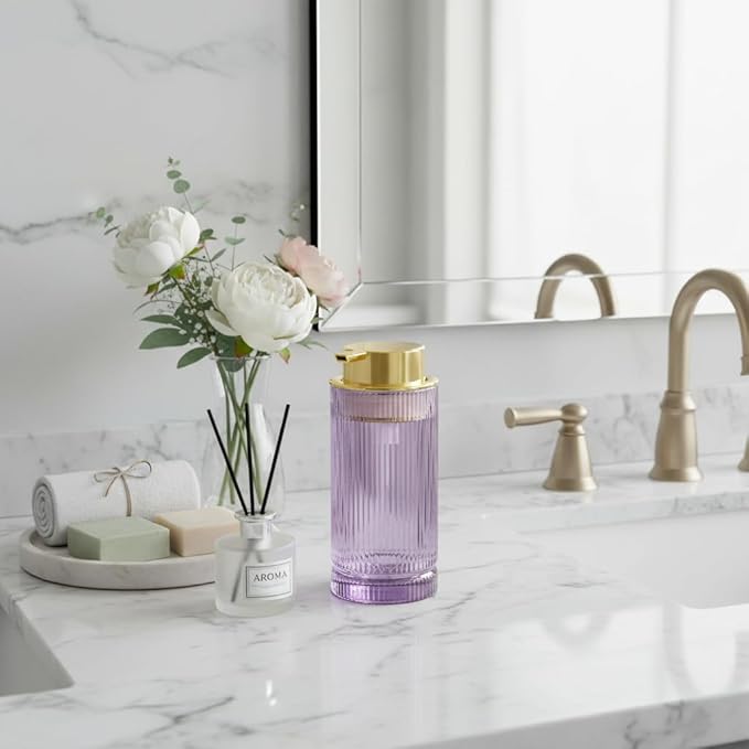 Foaming Soap Dispenser, Purple Glass Foam Hand Soap Dispenser with Gold Pump, 14 Oz Bathroom Refillable Liquid Lotion Pump Ribbed Bottle Container for Kitchen Countertop Decor, 1