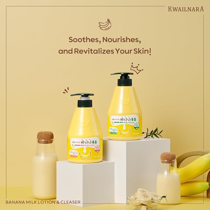 WELCOS KWAILNARA Banana Milk Body Lotion (19.75 Fl Oz) – Korean Body Lotion for Deep & Lightweight Hydration | Milk Protein, Royal Jelly, & Banana Extract for Elasticity | Paraben-Free & Non-Greasy