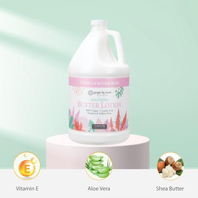 Ginger Lily Farms Botanicals Soothing Butter Lotion for Dry Skin, 100% Vegan & Cruelty-Free, Vanilla Sugar Bliss Scent, 1 Gallon (Pack of 4)
