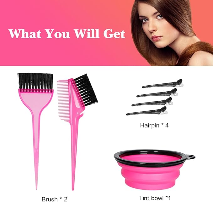 Hair Dye Color Brush and Bowl Set, Color Bowl Brushes Tool Mixing Bowl Kit Tint Comb for Hair Tint Dying Coloring Applicator (Pink&Black)