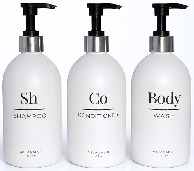 Shampoo & Conditioner Shower Dispenser Set, Pearl White - Empty Matte Plastic Bottles, 16.9 oz Pump Containers, Luxury Bathroom Decor, 3 Pack for Spa, Airbnb [White-Silver]