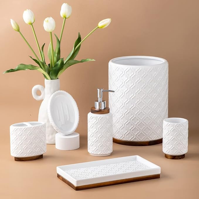 Elegant Bathroom Accessories Set 6 PCS Ceramic and Wood Bathroom Accessory Set Soap Dispenser Toothbrush Holder Tumbler Soap Dish Tray Trash Can Easy to Clean Quatrefoil Pattern White