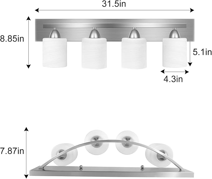 Bathroom Vanity Light Fixture, 4-Light Modern Bathroom Lights with Glass Shade, Brushed Nickel Bath Lighting Fixtures Over Mirror, Hollywood Style Interior Wall Sconce for Makeup Dressing Table