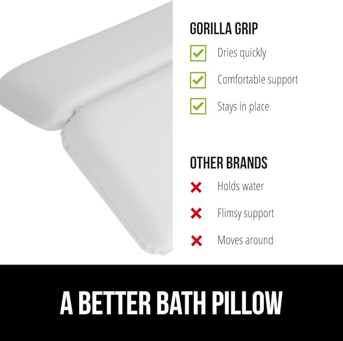 GORILLA GRIP Bath Pillow for Tub, Strong Suction Cups, Luxury Bathtub Pillows, Headrest Neck and Back Support, Relaxing Hot Tub and Home Spa Accessories, Bathroom Essentials, Gifts for Women, White