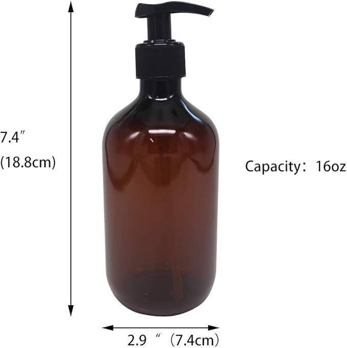4 Pack 16 OZ Empty Plastic Pump Lotion Bottles with 1 Pen, Labels & Silicone Funnel, Amber Color Lotion Dispenser With Locking Pump for Body Wash, Shampoo, Massage Lotion, Gel