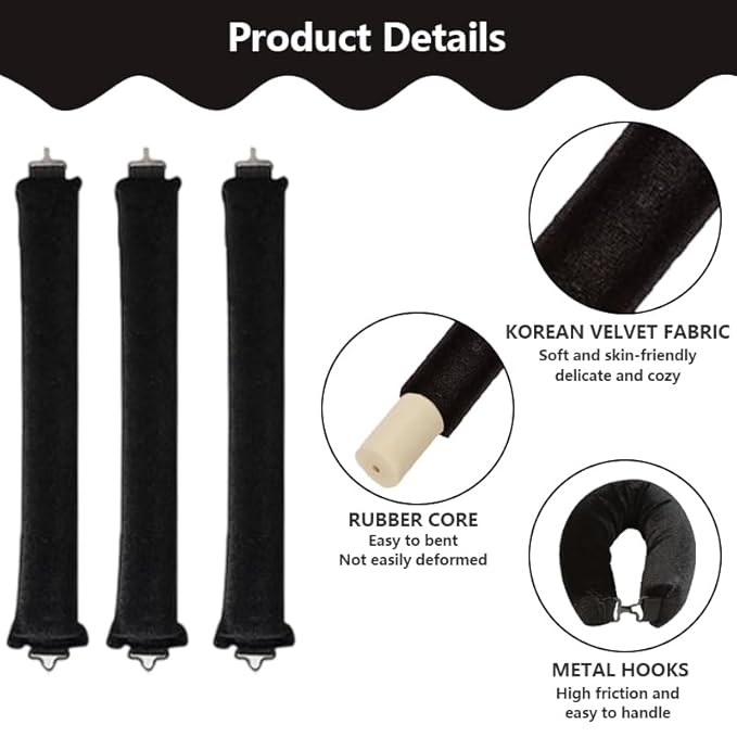 Heatless Curls Overnight Set of 3 with 1 Scarf - Heatless Hair Curler, Overnight Blowout Rods for Blowout Look Long Hair (Black)