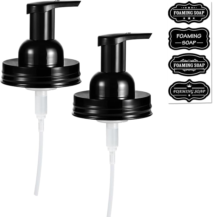 Amolliar Mason Jar Foaming Soap Dispenser Lids, Plastic Foam Pump Lids for Regular Mouth, Foaming Replacement Pump Set, Farmhouse Kitchen BathroomShower, Includes Waterproof Stickers - 2 Pack, Black