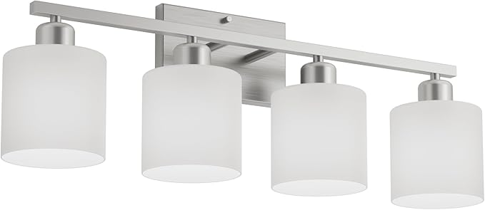 Bathroom Lights Over Mirror Brushed Nickel, Anti-Rust 4-Light Bathroom Vanity Light Fixtures, Modern 24Inches Wall Sconces E26 Base, Milky White Glass Shades, Bulbs Not Included