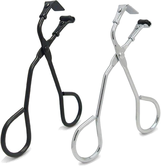 2 Pcs Eyelash Curler with Refill Pads - Mini Lash Curler for All Eyelash Shapes - Professional 2-in-1 Beauty Kit with Precision Tweezers - Stainless Steel Design for Perfect Control (Black+Silver)