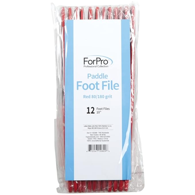 ForPro Professional Collection Pedicure Paddle Foot File, Double-Sided for Heels, Disposable & Sanitizable, 80/180 Grit, Red, Pack of 12