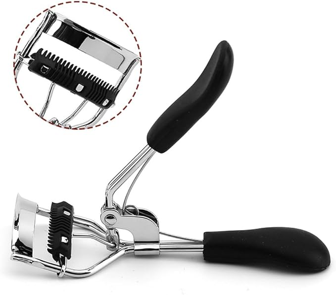 Eye Lash Curler with 6PCS Extra Replacement Strips, Professional Makeup Tool for Eyelashes, Easy & Comfortable to Grip and Use Metal Eyelash Curler(Color:Black)