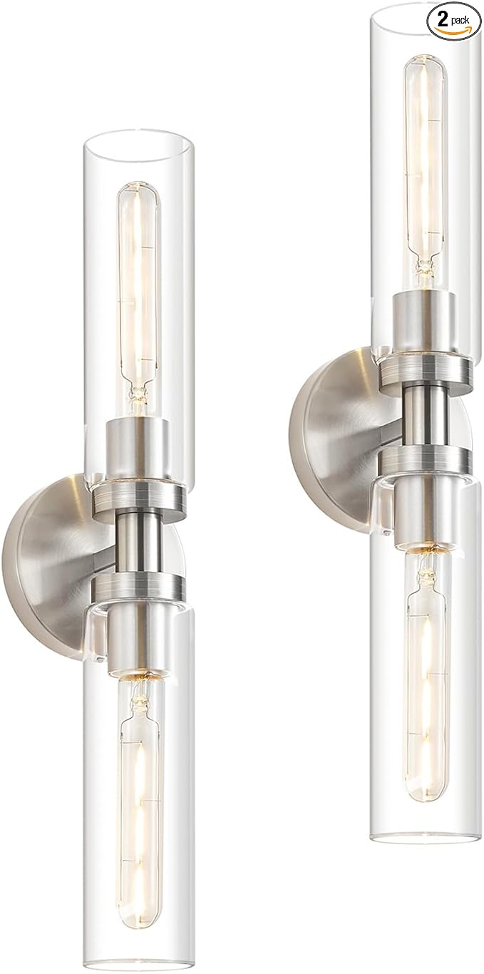 2 Light Bathroom Wall Sconces Set of 2,Modern Farmhouse Brushed Nickel Bathroom Light Fixture Over Mirror with Clear Glass Shade,Vanity Light for Hallway Cabinet Bedroom Stairway Porch