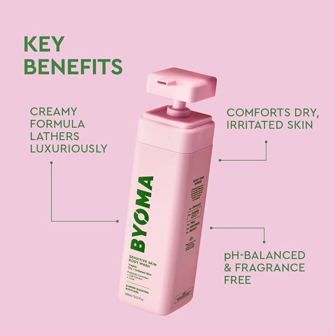 BYOMA Sensitive Body Wash - For Delicate, Irritated Skin - Creamy, Fragrance-Free Cleanser with Colloidal Oat & Urea - Soothes & Relieves Itching - Skin Barrier Support - 16.9 fl oz