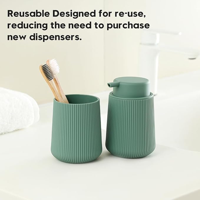 Striped Foaming Hand Soap Dispenser with Leak-Proof Pump for Bathroom and Kitchen Countertop 11oz Sage Green
