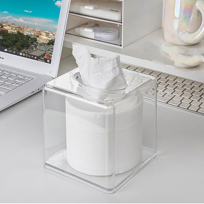 Yopay 2 Pack Square Tissue Dispenser Box, Clear Facial Acrylic Tissue Box Holder, Cover Napkin Organizer for Dryer Sheets, Bathroom, Desks, Countertop, Vanity, Bedroom Dressers, Kitchen Office Room