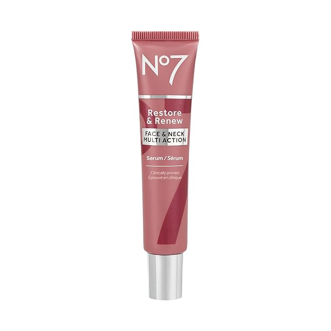 No7 Restore & Renew Multi-Action Face & Neck Serum - Anti Aging Serum for Deep Wrinkle Repair - Collagen Infused Skincare with a Hydrating Blend of Hibiscus Peptides & Hyaluronic Acid (1 Fl Oz)
