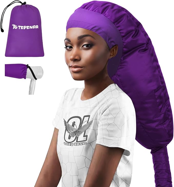 Hair Dryer Bonnet Attachment: Upgraded Extra Large Hooded Dryer Adjustable Hair Dryer Caps - Easy to Use for Natural Curly Textured Hair Care Styling Fast Drying - Purple