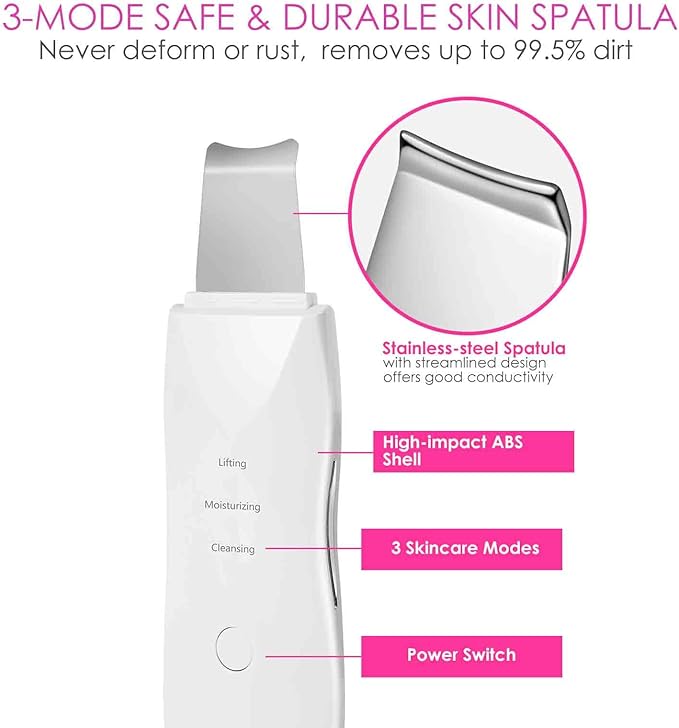 Face Scrubber, Skin Spatula, Facial Silicone Pore Cleaner, Rechargeable All Skin Types Waterproof Blackhead Remover Tools for Deep Cleansing, Exfoliating, 3 Modes Wireless, White