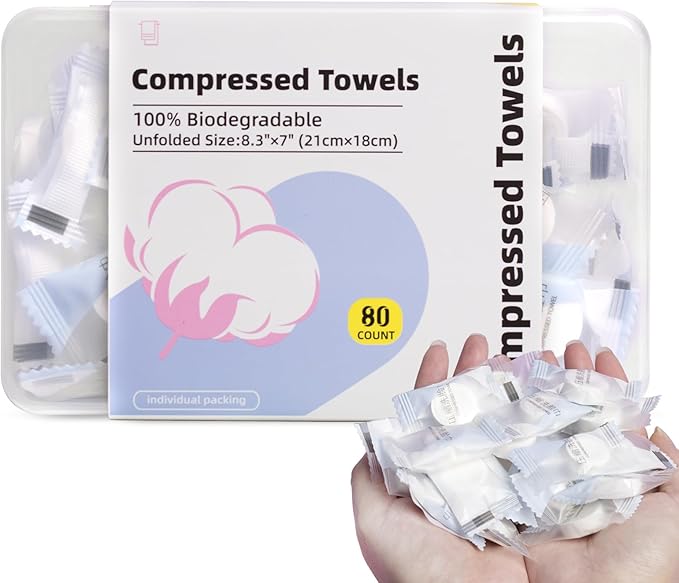 80 Pcs Mini Compressed Towel Tablets, Disposable Compressed Face Towels, Portable Bulk Compressed Coin Tissues for Travel, Camping, and Outdoor Activities
