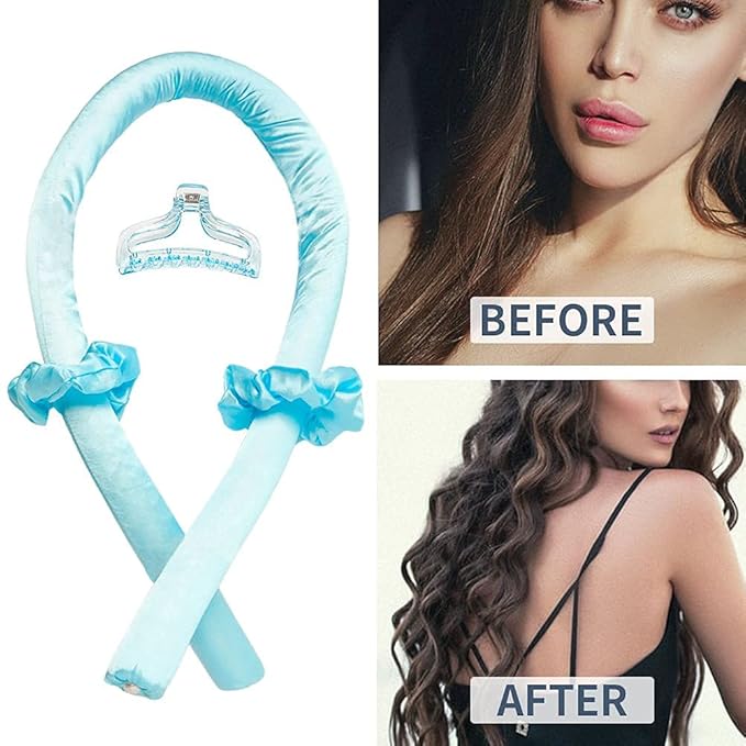 Heatless Curling Rod Headband No Heat Silk Ribbon Curling Rod Hair Roller Curls with Hair Claw Clip Lazy Natural Soft Wave DIY Hair Rollers Styling Tool for Sleep in Overnight (Blue)