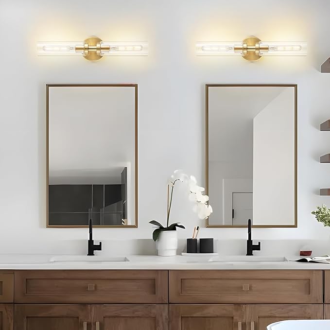 2 Light Bathroom Wall Sconce Set of 2,Modern Farmhouse Brushed Brass Gold Bathroom Light Fixture Over Mirror with Clear Glass Shade,Vanity Light for Hallway Cabinet Bedroom Stairway Porch