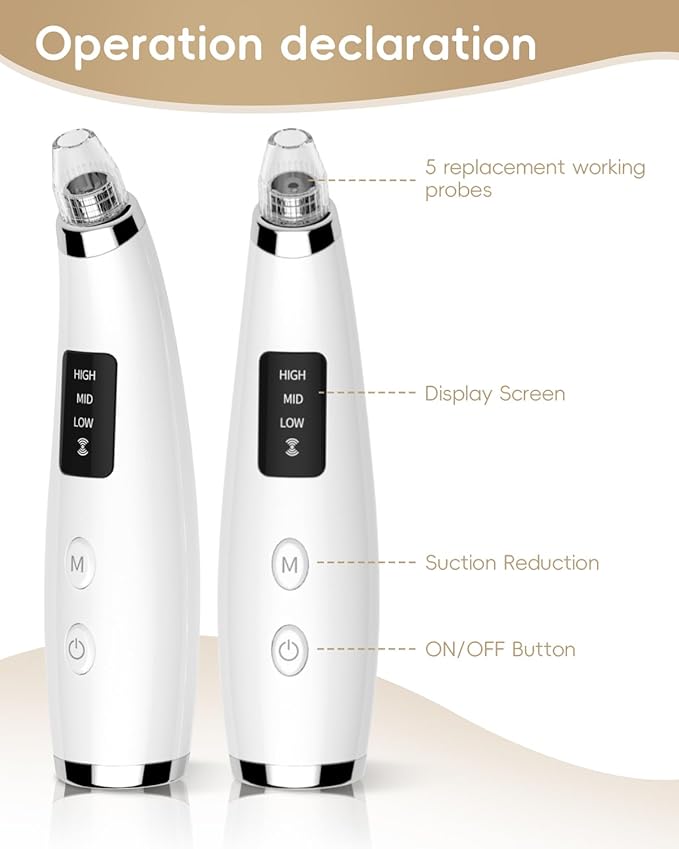 Rechargeable Blackhead Vacuum Pore Cleaner - 5 Attachments & 3 Suction Levels for Deep Facial Cleansing, USB-Powered Blackhead Remover for Women and Men (White)
