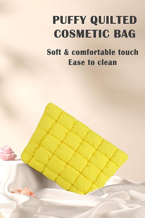 Puffy Quilted Makeup Bag, Cosmetic Bag, Travel Toiletry Organizer Pouch, Clutch for Women (Yellow)