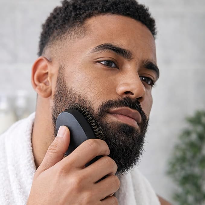 Beard Brush for Men, Natural Boar Bristles, Black Oval Wave Brush, Warp Resistant Wood Handle, for Fuller Thicker Hair, Beard & Mustache Growth, Exfoliation (Black 2)
