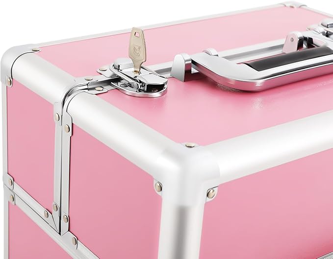Rolling Makeup Train Case, Large Aluminum Alloy Cosmetic Trolley Case with Wheels & Retractable Handle, Lockable Storage for Makeup Artists, Lash Techs, Travel, Pink