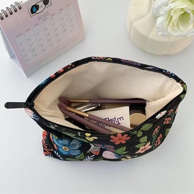 SxoSyo Makeup Bag Embroidery Cosmetic Bags for Women Large Travel Toiletry Pouch Zipper Storage Purse Make up Brushes Organizer for Gifts (Flowers, Black)
