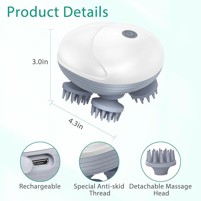 ORIA Electric Scalp Massager, Portable Head Massager, Rechargeable Head Scratcher with 4 Removable Massage Claws, 96 Massage Nodes, for Women Men Stress Relief, Full Body Relaxation, White