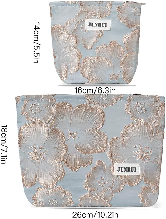 2 PCS Makeup Bag Small Cute Makeup Pouch Floral Cosmetic Bag for Women，Soft Toiletry Bag Pouch for Purse，Embroidery Craft Makeup Bag with Zipper（Gold Flower）