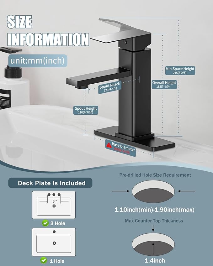 Bathroom Faucet Set with Pop Up Drain, Single Handle Black Bathroom Sink Faucet with Deck Plate, Farmhouse RV Vanity Faucets for Sink (1 Hole or 3 Holes)