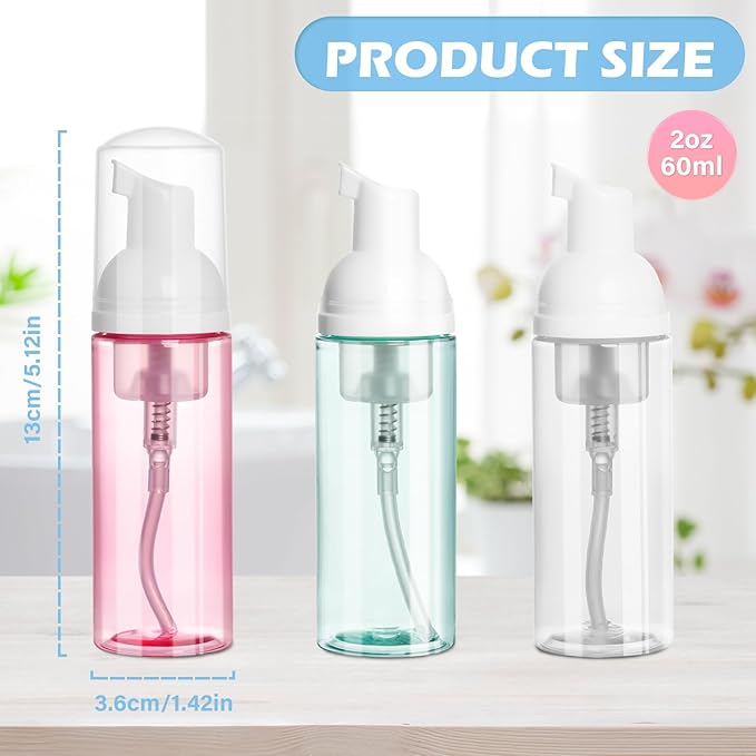 2oz Travel Foam Pump Bottle, 3PCS Travel Size Foam Pump Bottle Empty Foaming Dispenser for Hand Soap, Shampoo, Lash Cleanser (60ml)