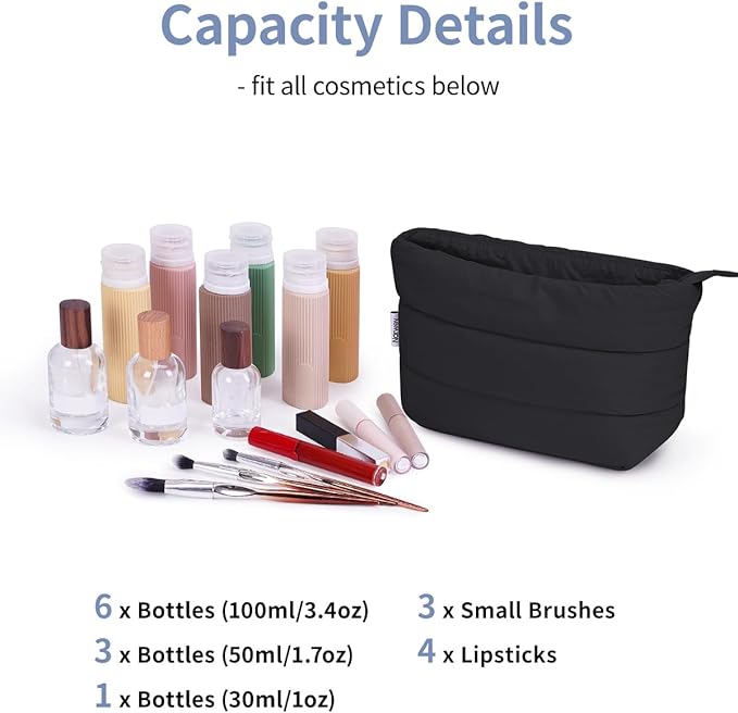 Narwey Puffy Black Makeup Bag Travel Women Girl, Puffer Cosmetic Makeup up Organizer Bag, Cute Makeup Pouch Travel Toiletry Bag (Black)