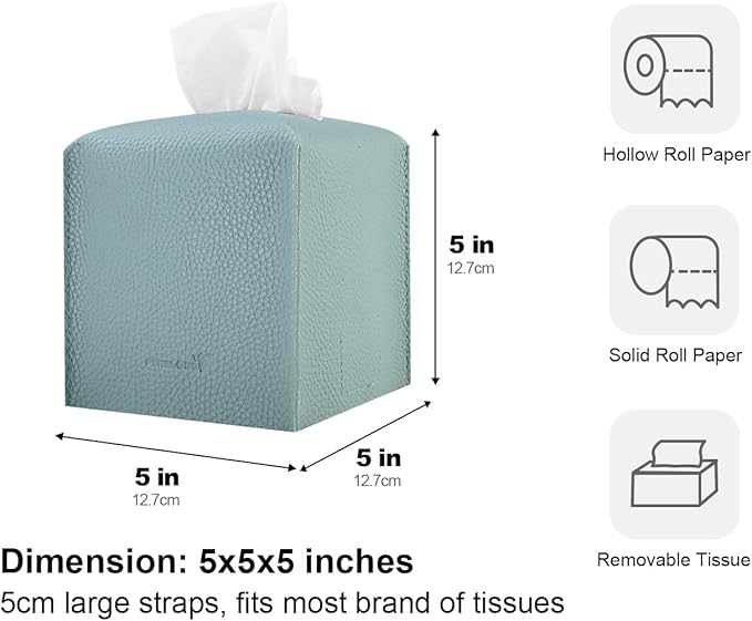 Tissue Box Cover 5X5X5'' PU Leather Tissue Holder Square Tissue Cube Box Organizer for Bathroom Vanity Countertop, Car, Night Stands, Office, Home, Kitchen (1Pack, Light Blue)