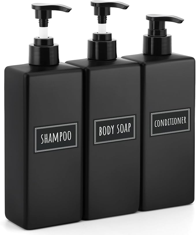 Segbeauty Matte Black Soap Dispenser, 3 Pack 16.9oz Refillable Shampoo and Conditioner Bottles with Labels, 500ml Empty Plastic Square Shower Dispenser Bathroom Soap Dispenser Set for Body Soap
