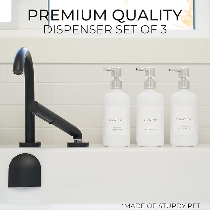Stylish Shampoo and Conditioner Dispenser Set of 3 - Modern 21oz Shower Soap Bottles with Pump and Labels - Easy to Refill Body Wash Dispensers for an Instant Bathroom Decor Upgrade - White