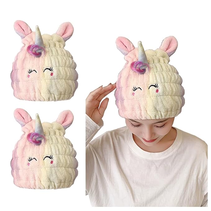 Animal Hair Drying Towel Cap for Kids, 2Pcs Cute Unicorn Microfiber Bath Dry Hair Wrap, Absorbent Quick Girls Boys Hair Drying Towel, Suck Water Hat Headscarf for Wet Hair