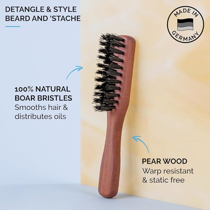 ZEUS Boar Bristle Beard & Mustache Handled Brush for Men, Firm & Stiff Bristles, Travel Beard Care Brush with Handle (Made in Germany) J91