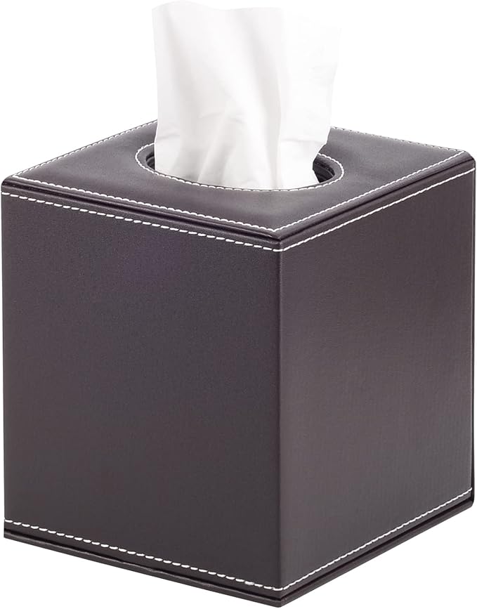 Stylish PU Leather Tissue Box Holder, Square Napkin Holder Pumping Paper Case Dispenser, Facial Tissue Holder with Magnetic Bottom for Home Office (Brown)