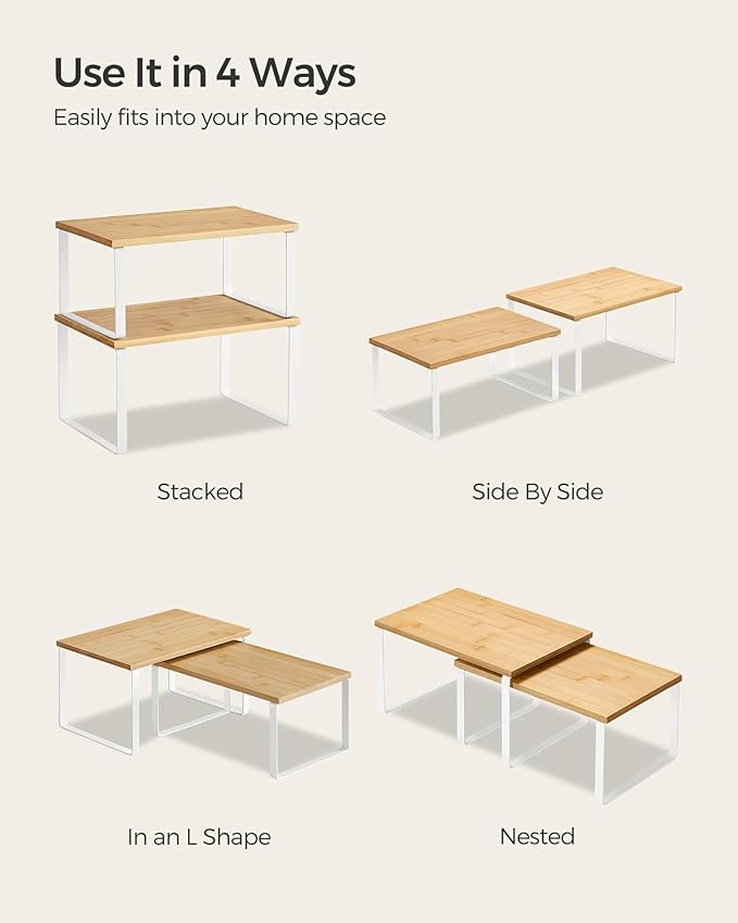 SONGMICS Cabinet Organizer Shelf, Set of 2 Kitchen Counter Shelves, Kitchen Storage, Spice Rack, Stackable, Expandable, Metal and Engineered Wood, Cloud White and Natural Beige UKCS02NW (Pack of 2)