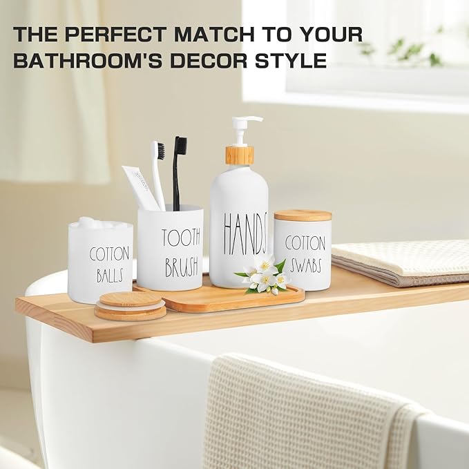 White Bathroom Accessories, 5 Pcs Glass Bathroom Accessory Set with Bamboo Tray, Soap Dispenser and Toothbrush Holder Set, Qtip and Cotton Ball Holder, Farmhouse Boho Bathroom Set Complete