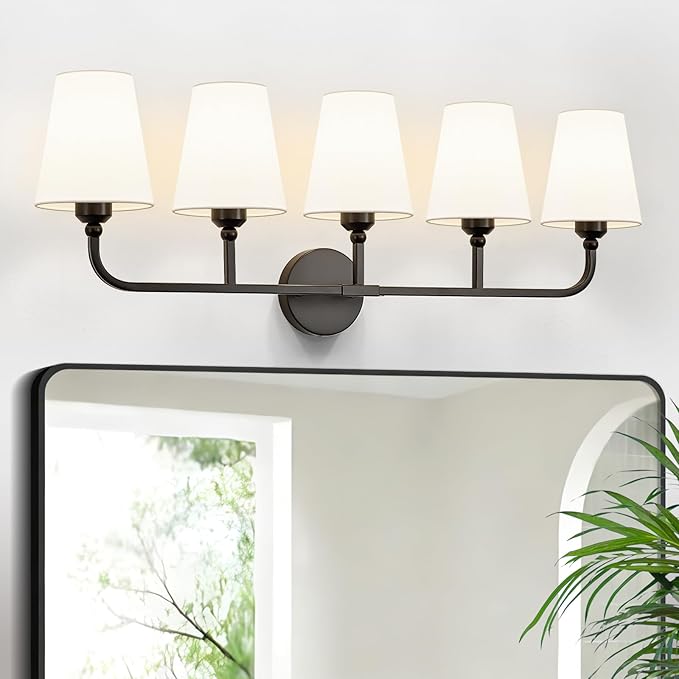 Bathroom Vanity Light, Matte Black Bathroom Light Fixtures, 5-Light Lighting Fixtures Over Mirror, Modern Wall Sconce with Flared White Fabric Shade, E26 Socket(ETL Listed)